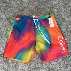 New Calvin Klein Pride Rainbow Tie dye print lined mesh men’s Swim Shorts L